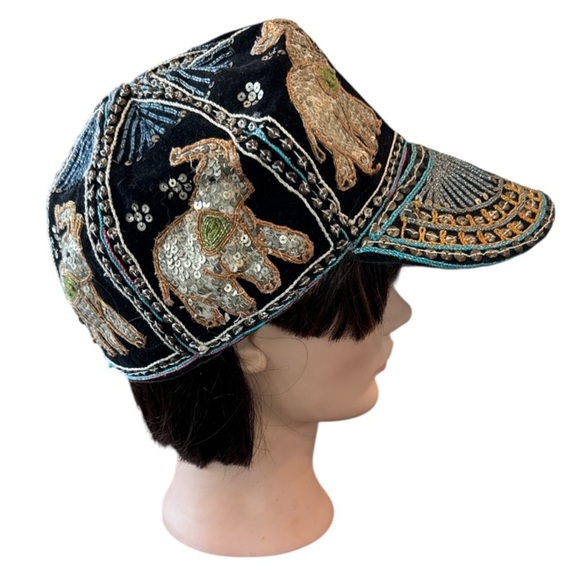 Vintage Burmese Velvet Embellished Black Multi Elephant Baseball Cap Size OS - Picture 6 of 14